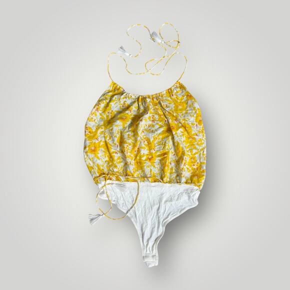 Intimately Free People Women's Liza Floral Tassel Lace up Bodysuit Yellow sz M - Picture 1 of 8